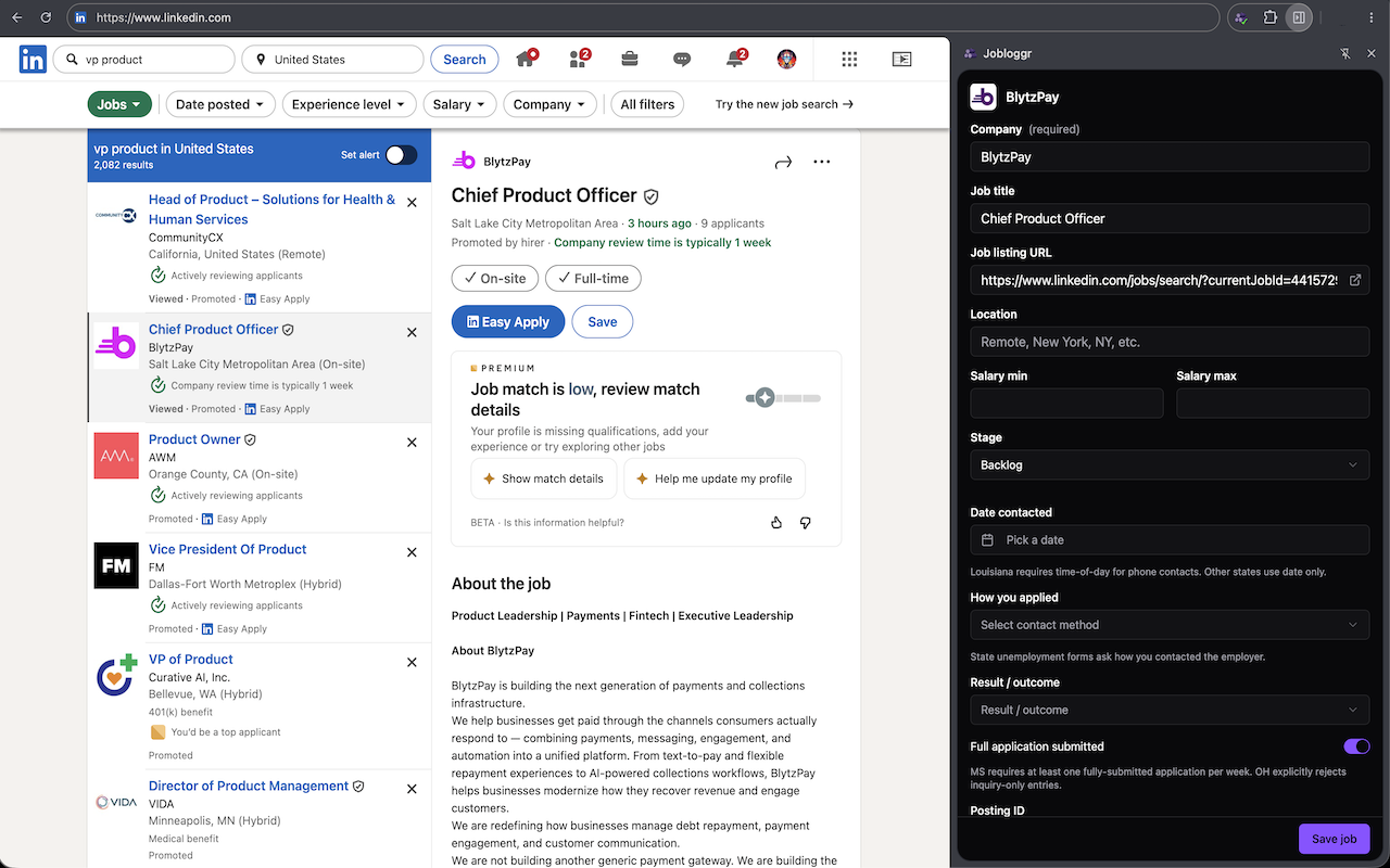 Jobloggr app with navigation open