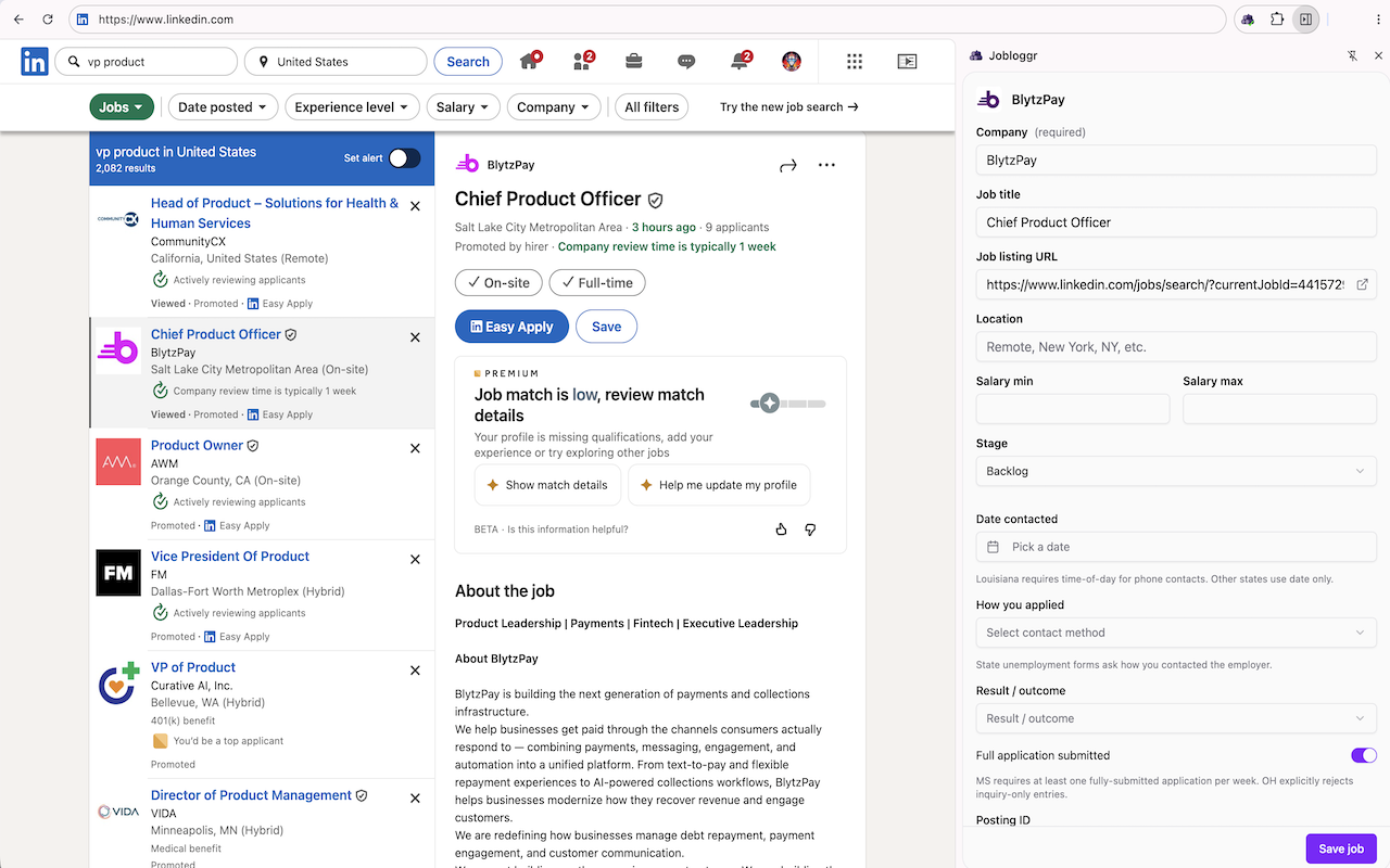 Jobloggr app with navigation open